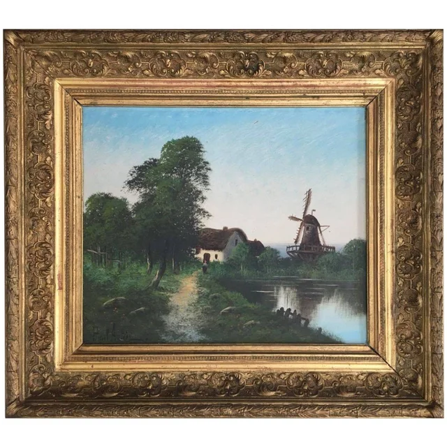 Paul ASTIER (XIX-XX) - paysage lacustre au moulin à vent