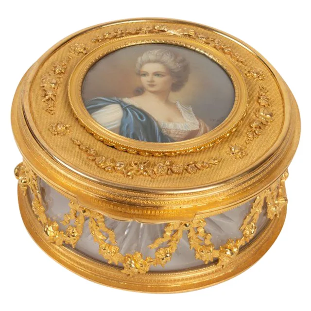 Coffret en cristal et bronze, peinture en Ivoire, style Louis XVI, époque Napoléon III
