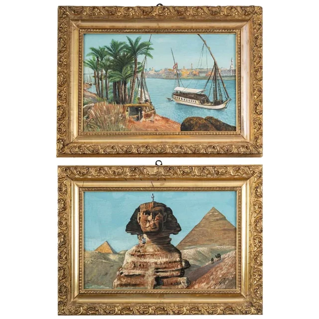 Paire de tableaux orientalistes huile sur toile avec Cadres en bois doré