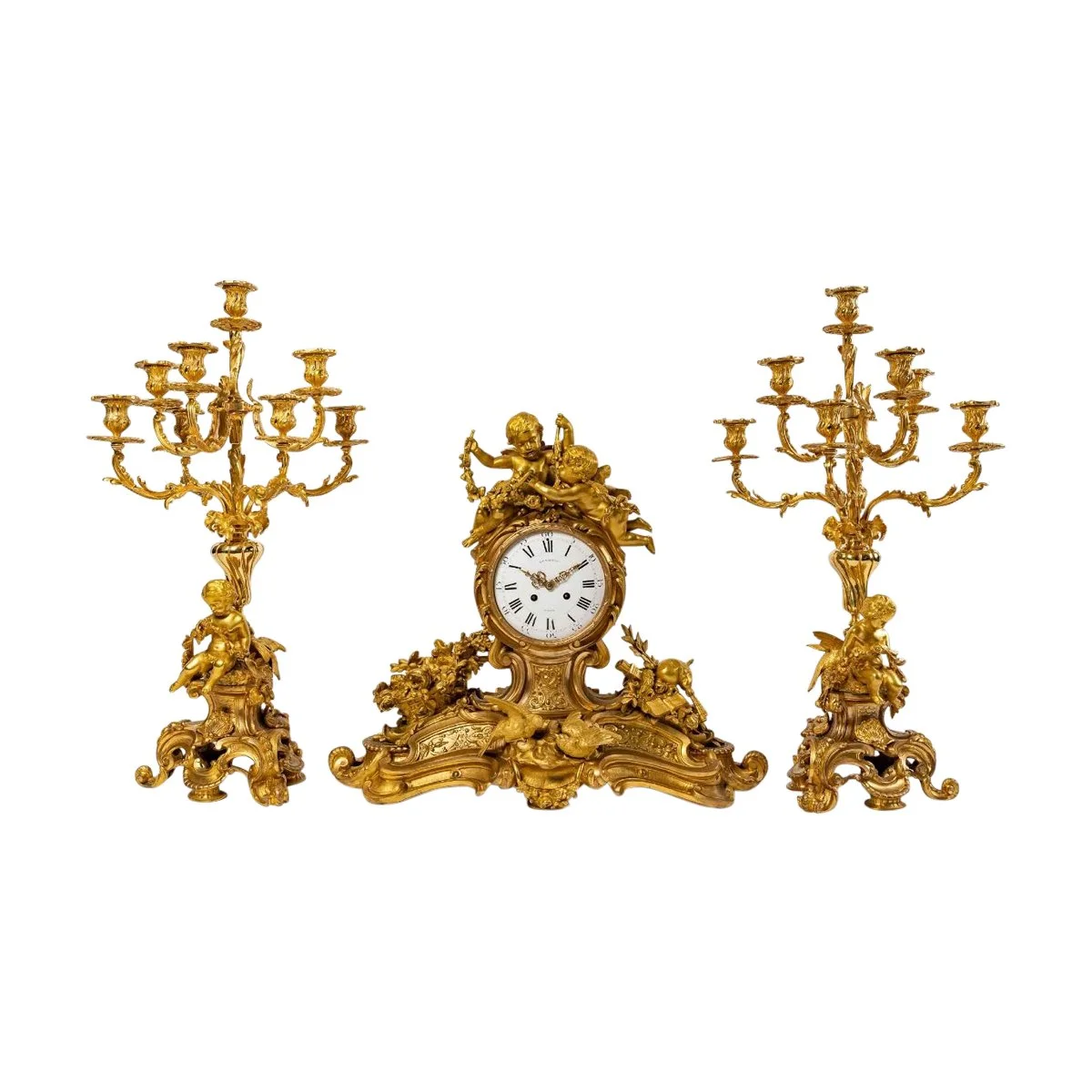Henri Picard Importante Garniture de Cheminée en bronze doré fin du XIXe siècle