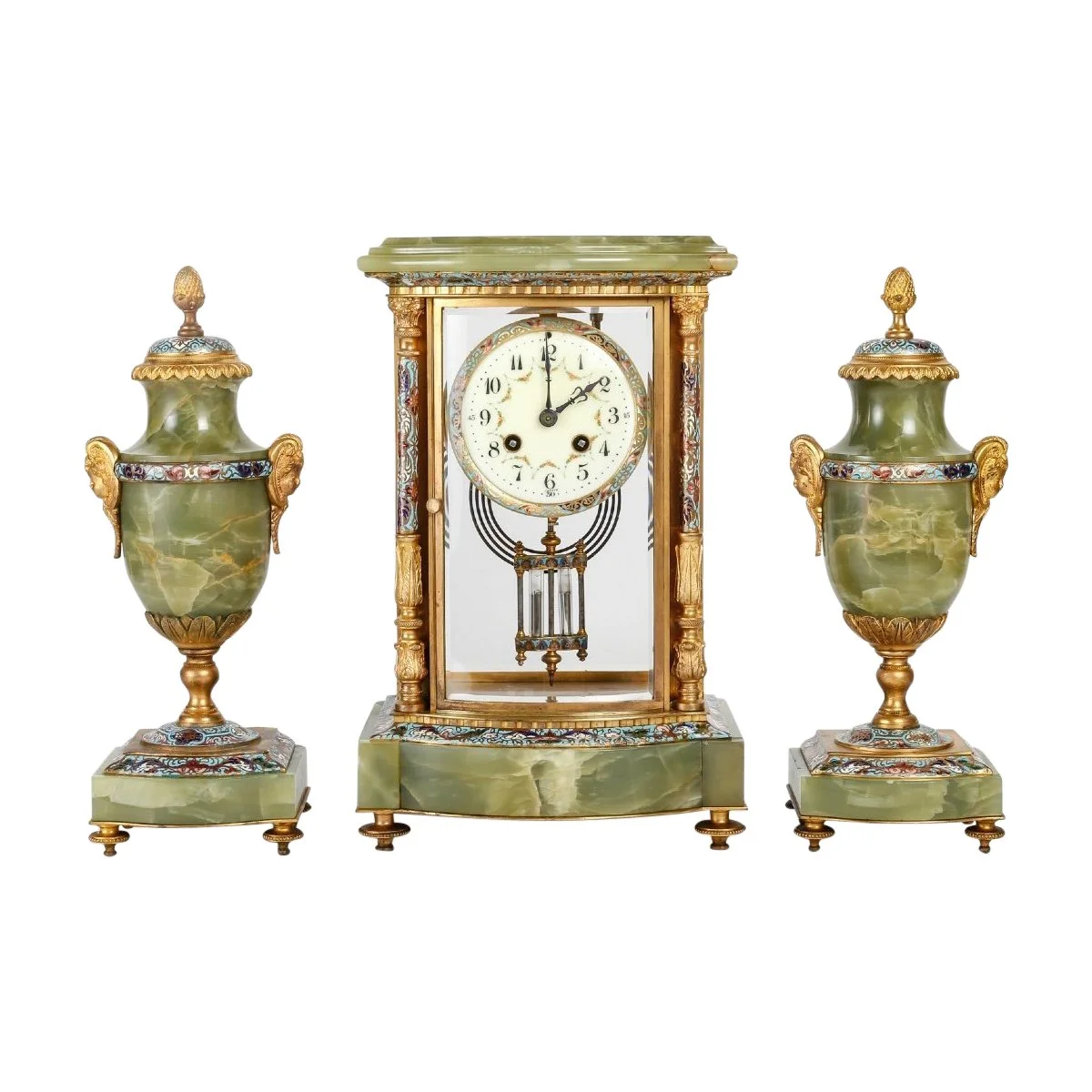 Garniture en bronze cloisonné et doré, Onyx vert fin du XIXe siècle